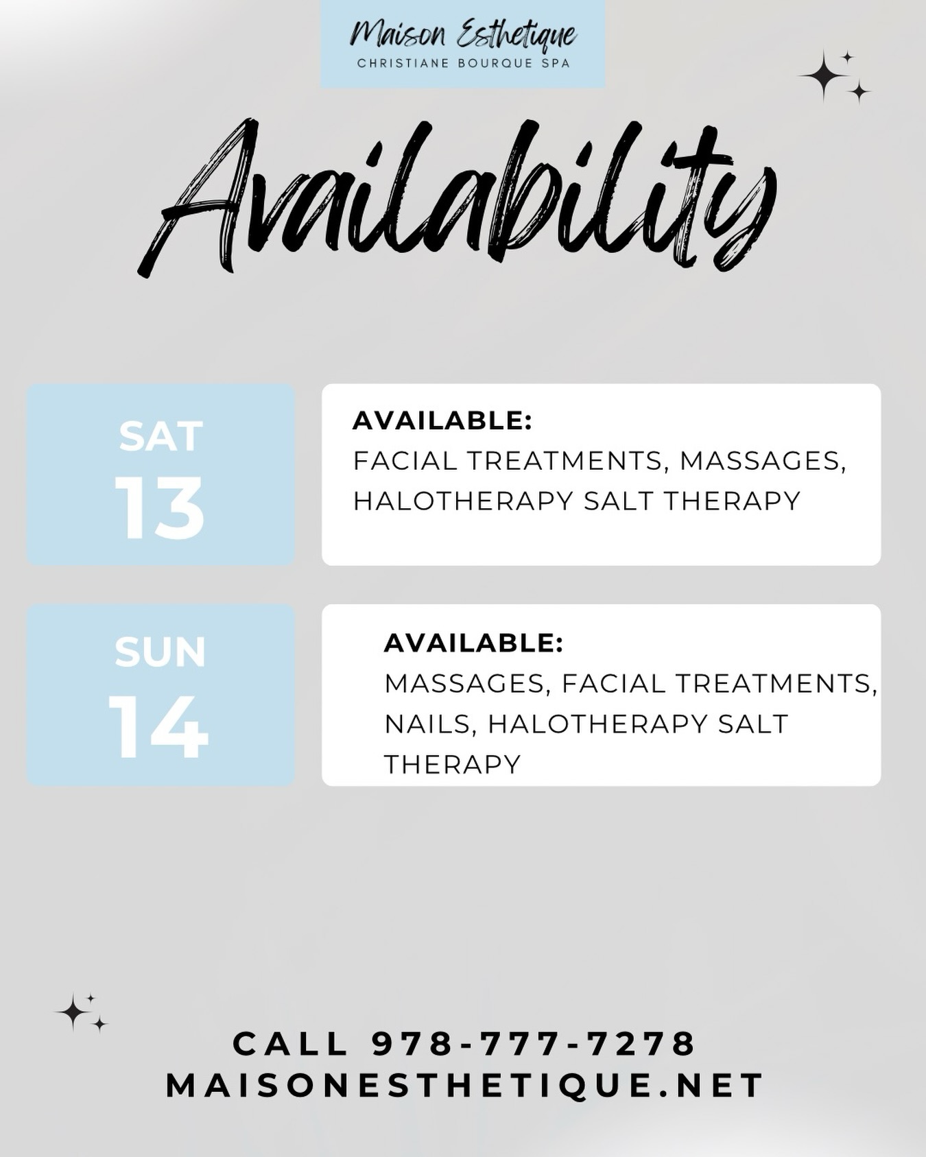 Last minute weekend openings are available ✨
If you have been feeling the call to slow down, reset, or treat yourself, we have a few appointments open this Saturday and Sunday.
Saturday the 13th includes facials, massages, and halotherapy
Sunday the 14th includes facials, massages, nails, and halotherapy
These spots are limited.
Call 978 777 7278 or book online at maisonesthetique.net
#MaisonEsthetique
#NorthShoreSpa
#WeekendWellness
#SelfCareSunday
#FacialAppointments
#MassageTherapy
#Halotherapy
#LuxurySpaMA
#DanversMA
#BookYourReset
#SaltTherapy